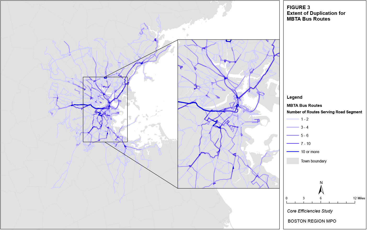 This map shows where MBTA routes duplicate each other’s routing.